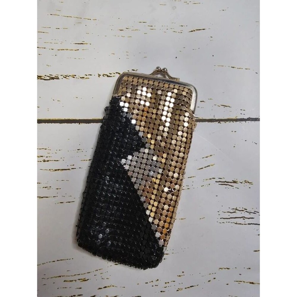 Vintage J&S Original Metal Mesh Eyeglass Case Black Gold Silver Kiss Lock